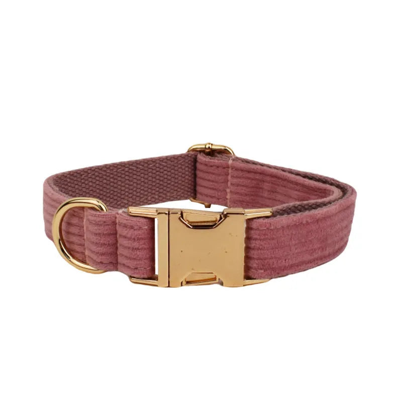 Corduroy dog collar and leash set with matching vest, bow, and poop bag holder accessories