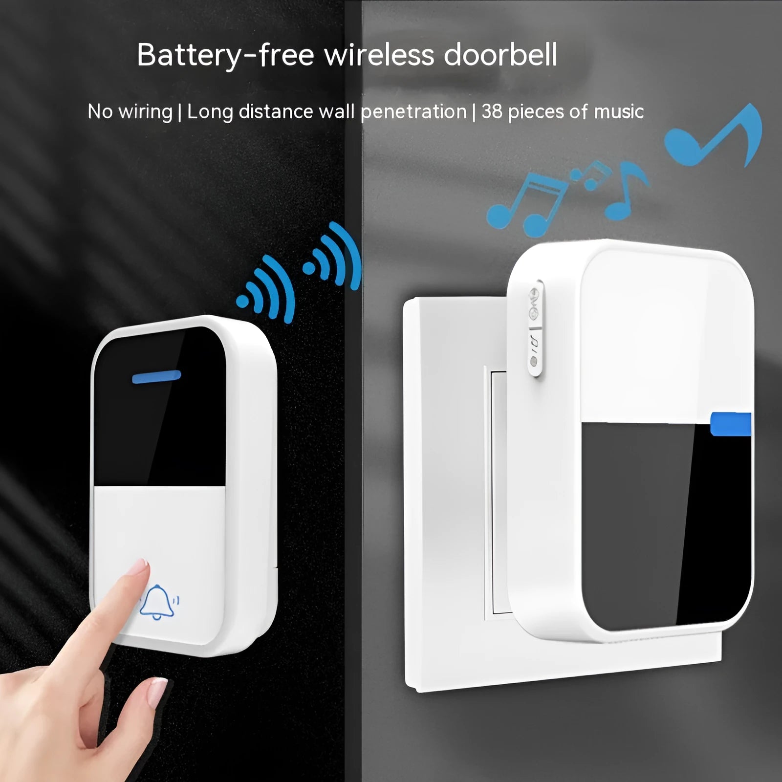 White wireless doorbell kit with self-powered button and receiver showing 150-metre range