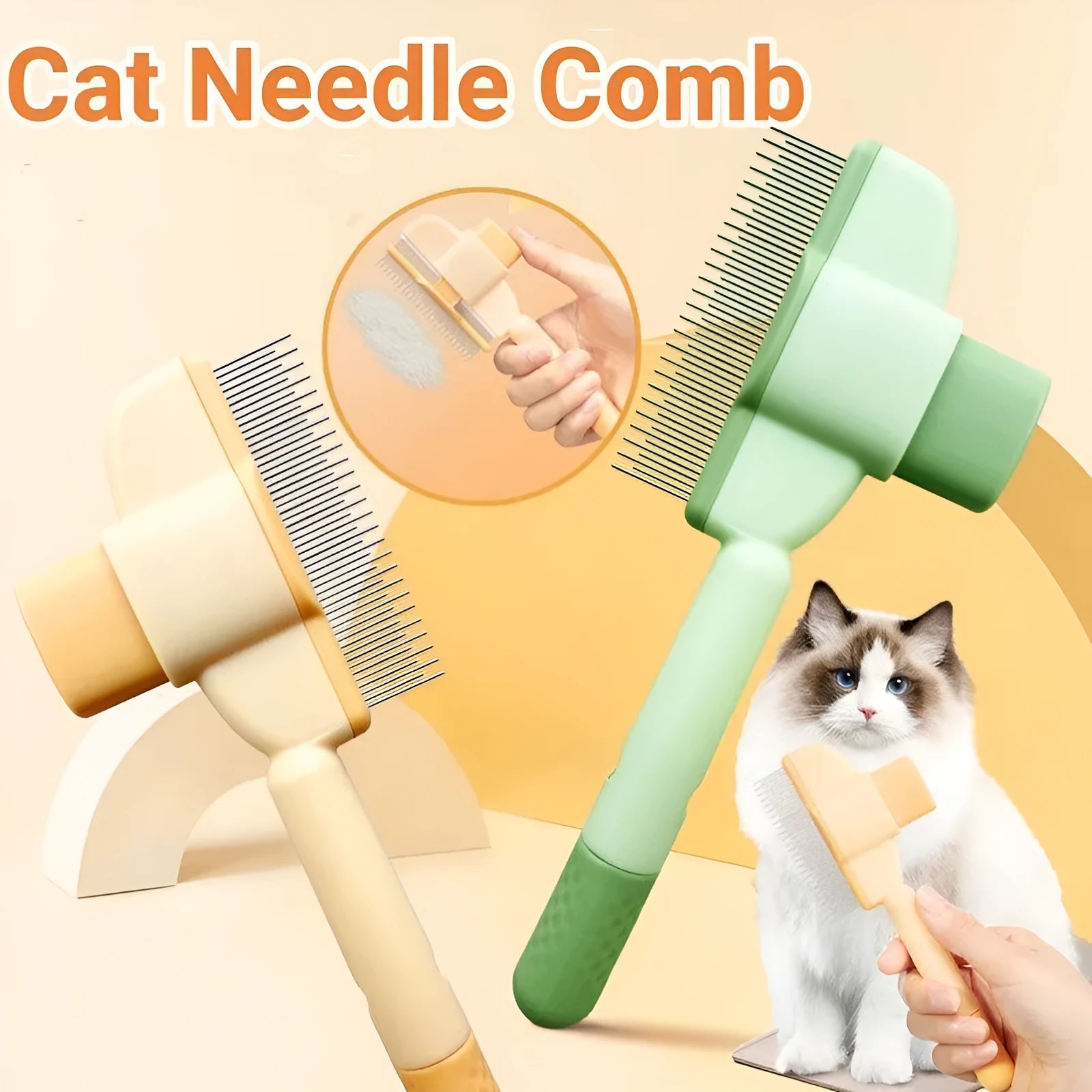 Yellow and green self-cleaning pet comb for cats and dogs with stainless steel teeth and a release button.