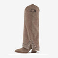 Women's frosted rivet pantyhose boots with oversleeve design in black, apricot and black matte colour options
