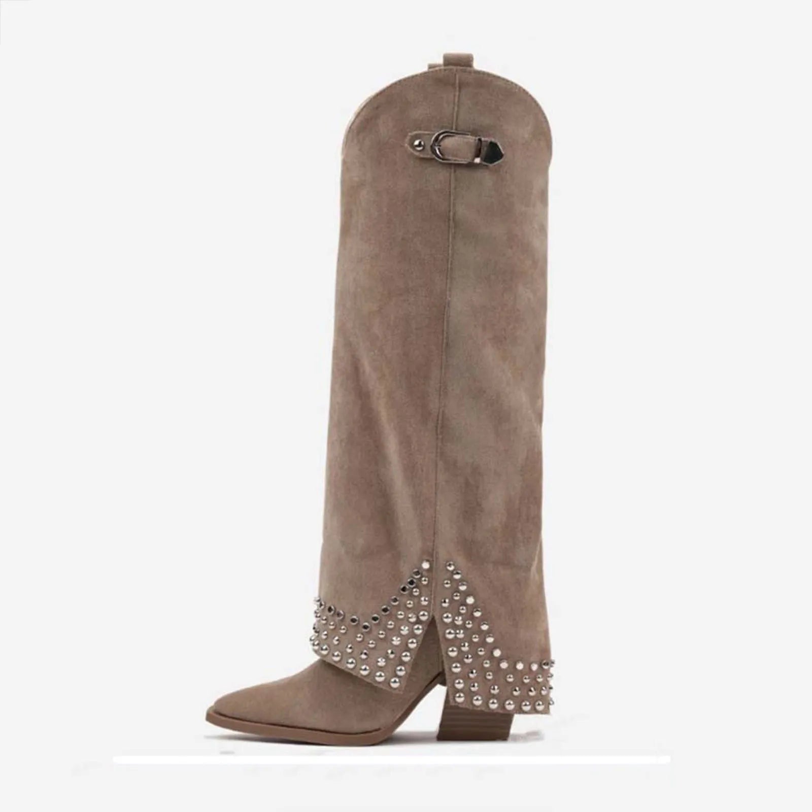 Women's frosted rivet pantyhose boots with oversleeve design in black, apricot and black matte colour options