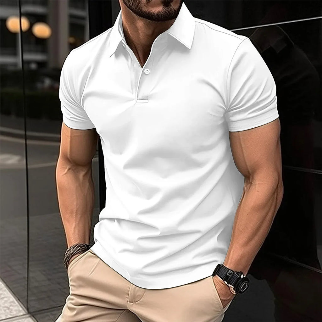 Men's solid colour short sleeve polo shirt with button lapel collar on a hanger.