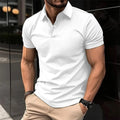 Men's solid colour short sleeve polo shirt with button lapel collar on a hanger.