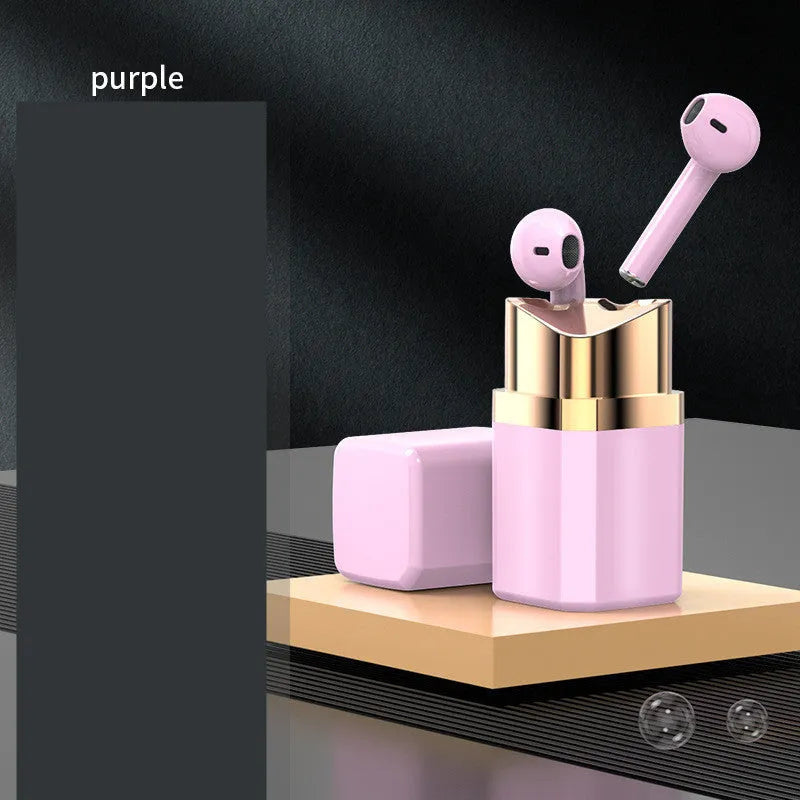 Fashion lipstick case open to show black Bluetooth earbuds with in-ear design.
