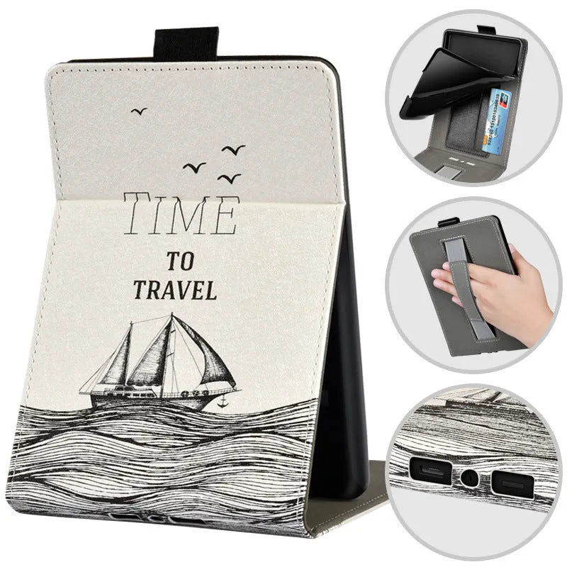 Kindle protective case with integrated hand strap in a choice of colours and printed designs.