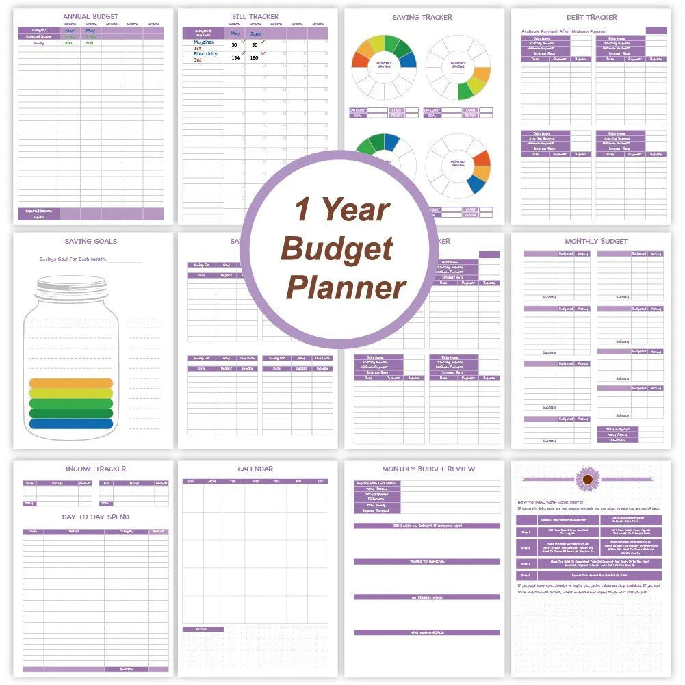 J12 purple coil-bound financial planning notebook with pen, stickers, and paper clips on a desk.