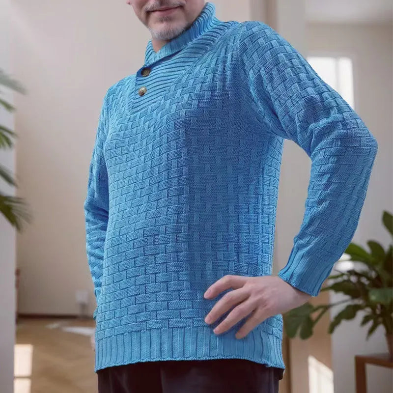 Men's slim turtleneck sweater with button design in solid colour, thick polyester fabric, available in multiple colours