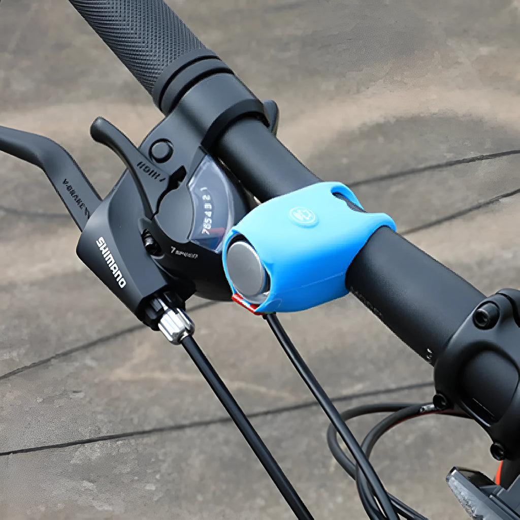 Electronic bicycle horn in six colour options showing plastic construction and handlebar mounting fitting
