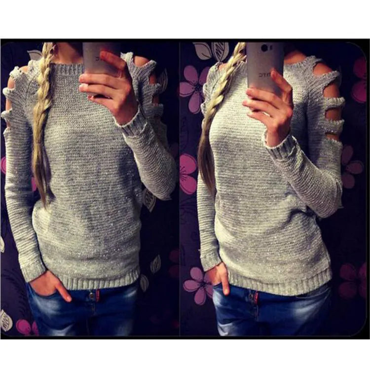 Women's grey crocheted shirt with hollow-out pattern and round neck.