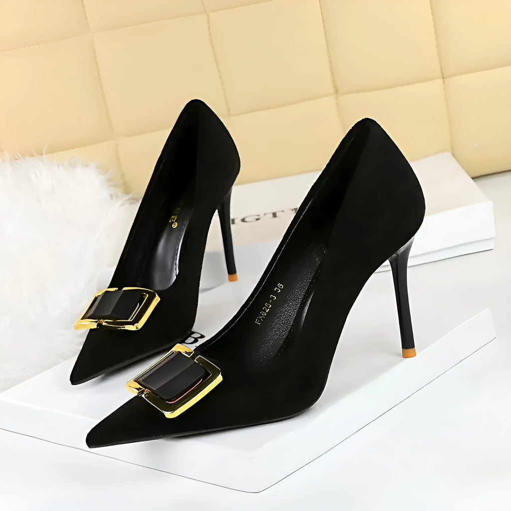 Black suede women's stiletto high heels with a 9cm heel and pointed toe on a plain background.