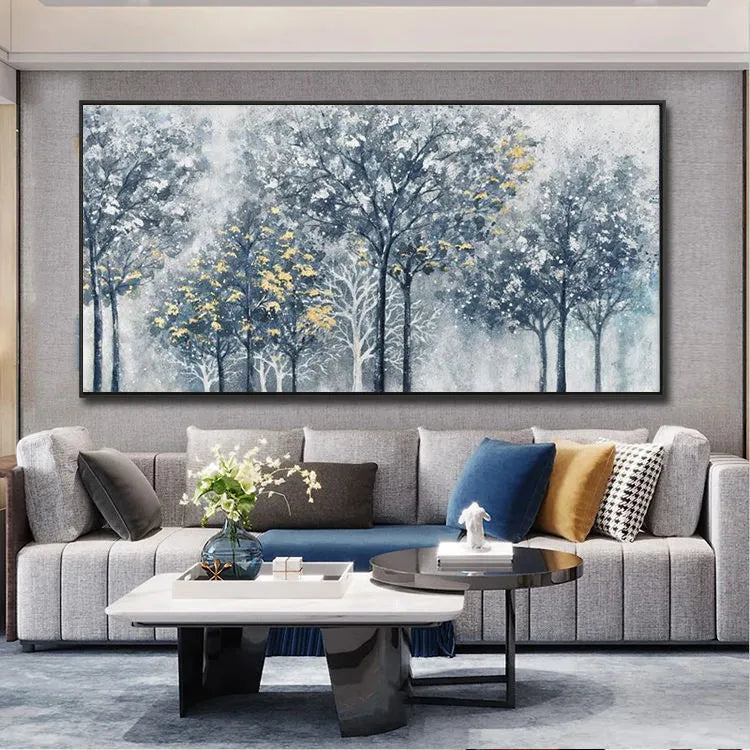 Hand-painted abstract forest tree oil painting on canvas in silver-gray, blue and golden tones, horizontal unframed wall art.