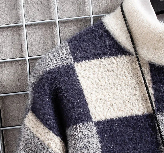 Men's round neck knit sweater in blue, beige, or black with slim fit, check pattern, and long sleeves, sizes S to 3XL