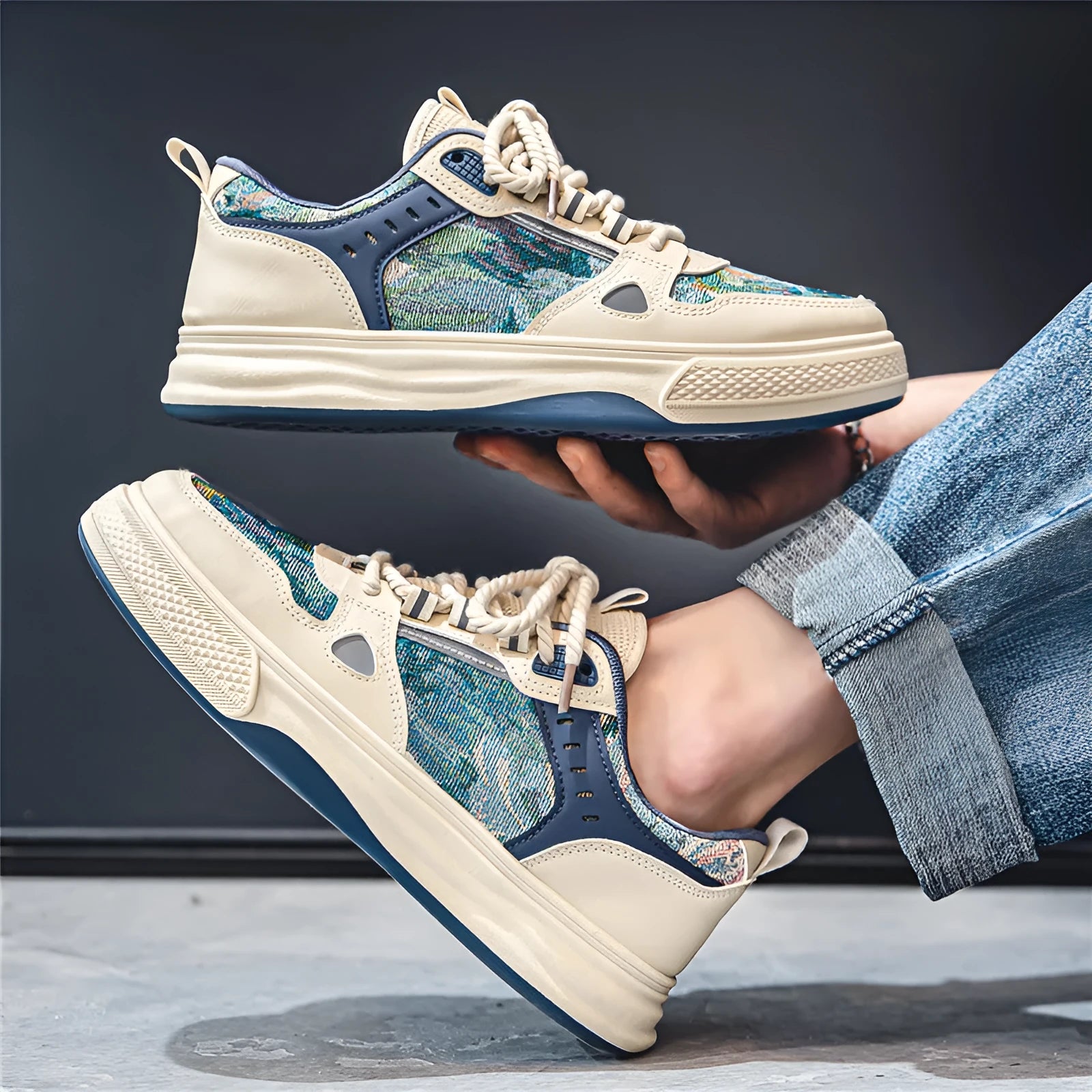 Men's flat heel canvas casual shoes in Milan green and beige colours, showing round toe design.