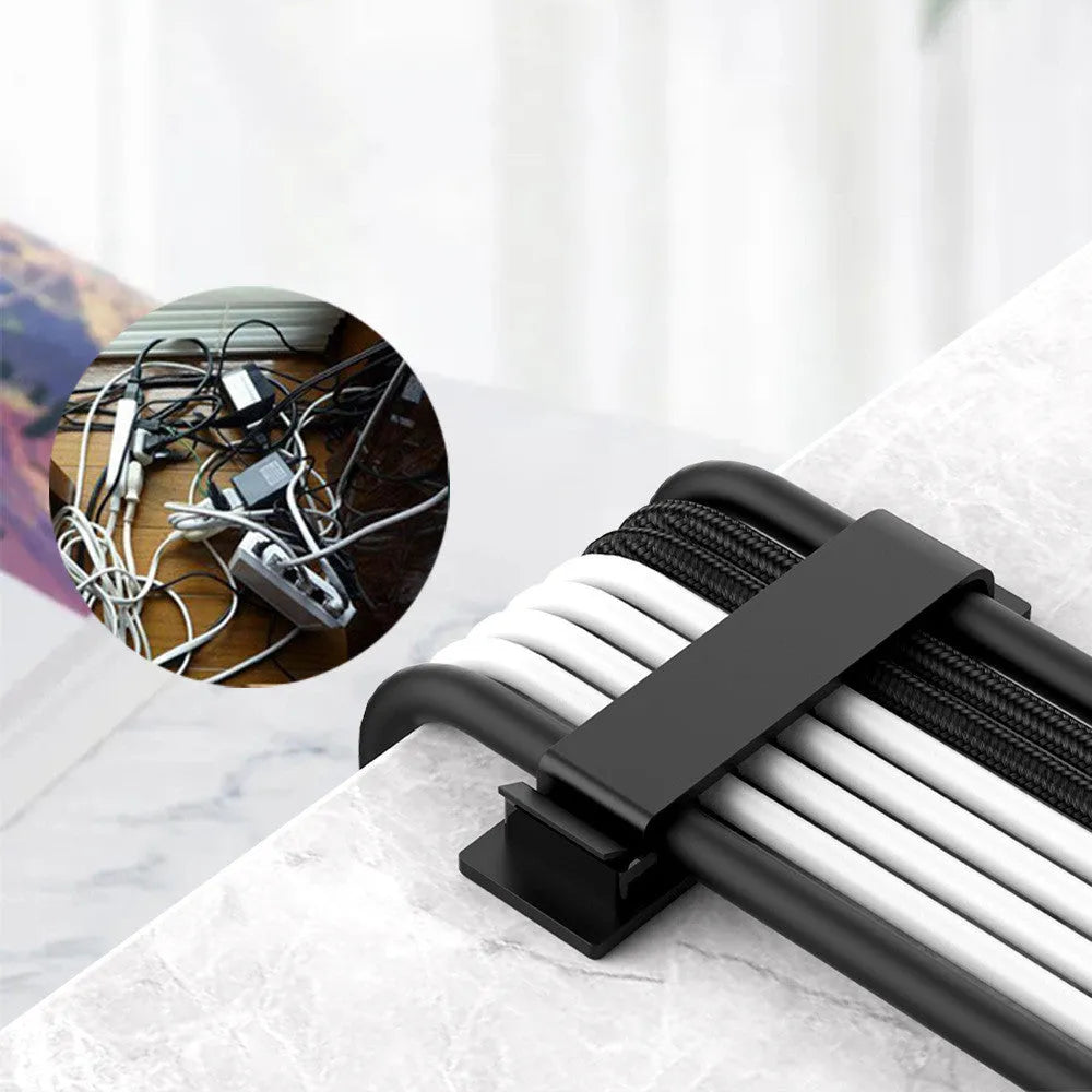 Self-adhesive plastic cable organizer clips in black or white with 1, 5, or 8 holes for charging and power cables