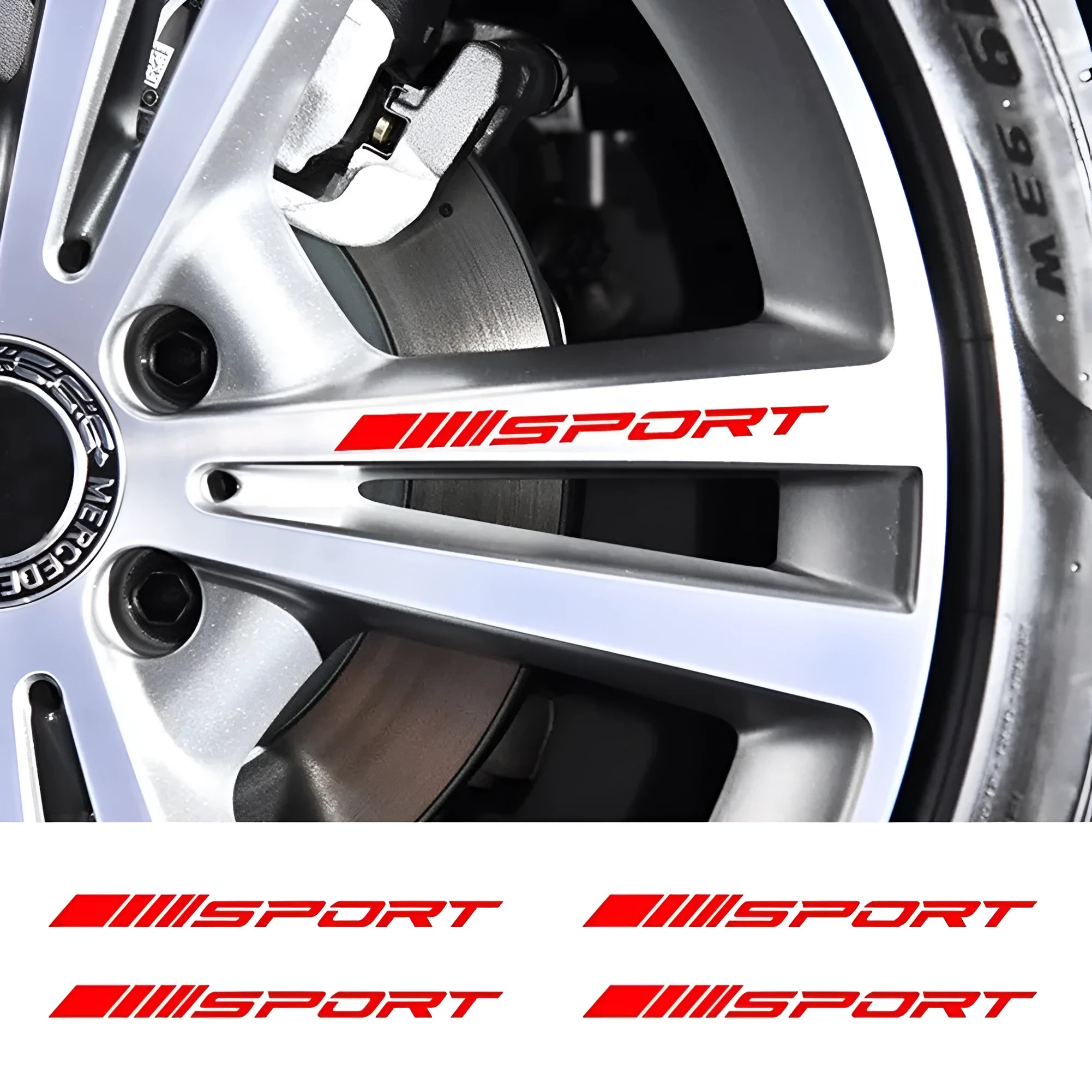 Sports mode hollow design car rim sticker in red colour, shown at 10cm by 0.7cm size.