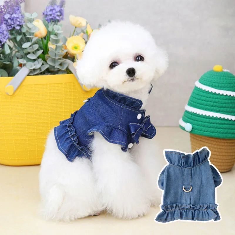 Blue denim dog dress with ruffles and built-in leash hook harness on chest and back