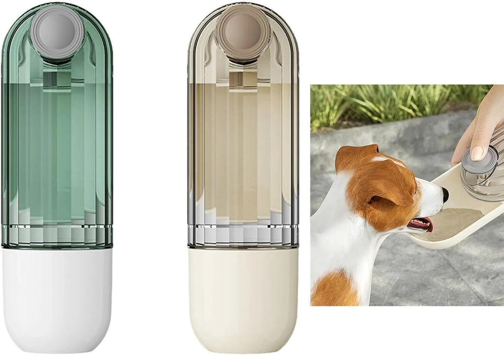 Foldable portable dog water bottle with built-in food dispenser in beige or green.