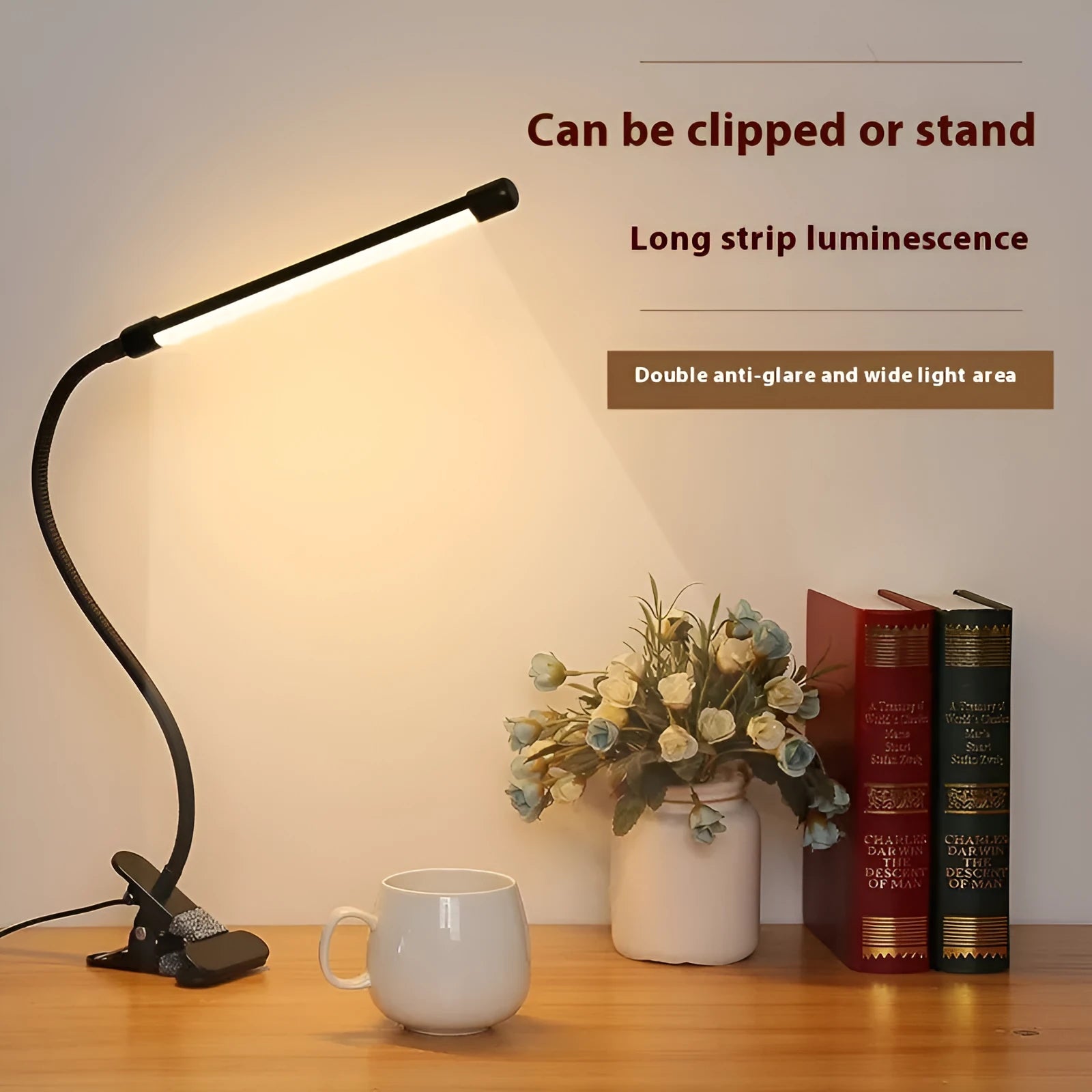 Black or white LED desk lamp with 26 cm length and USB power cable for student study.