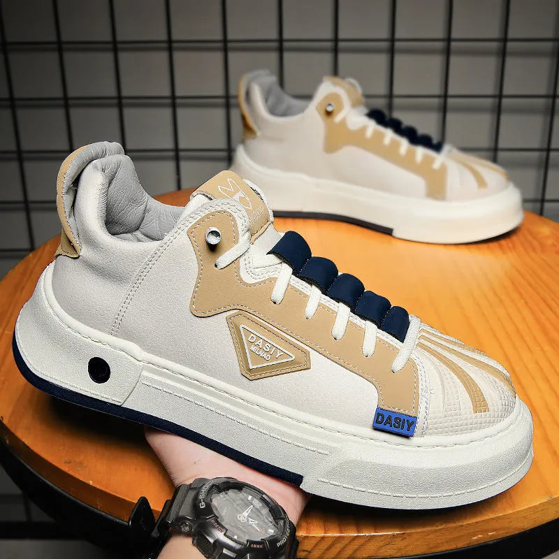 Men's beige and black low-top casual sneakers with an elastic band and round toe.