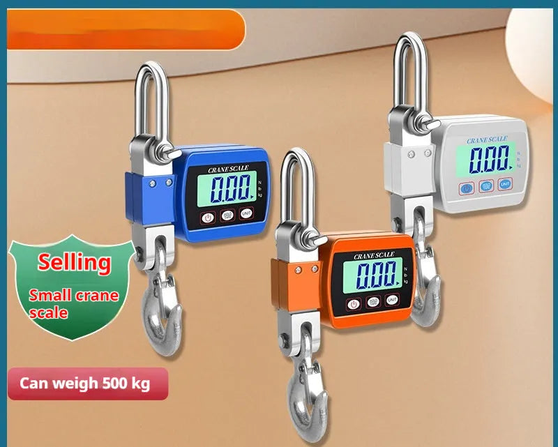Electronic hook scale digital display with 500kg capacity in blue, orange and white colour options