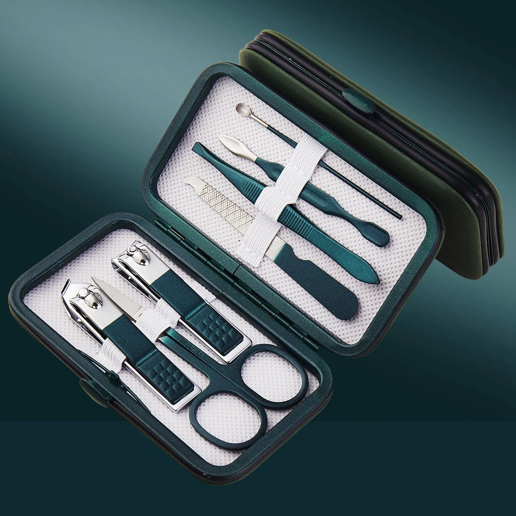 Emerald green pedicure knife nail clippers set box with stainless steel and carbon steel manicure implements in 7 to 18 piece options