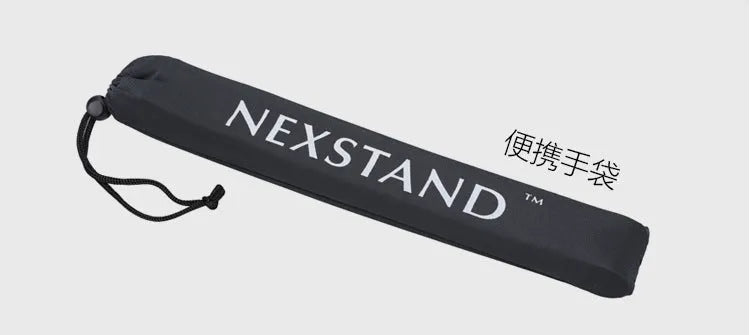 Black foldable enhanced nylon laptop stand shown open next to its portable carry bag.