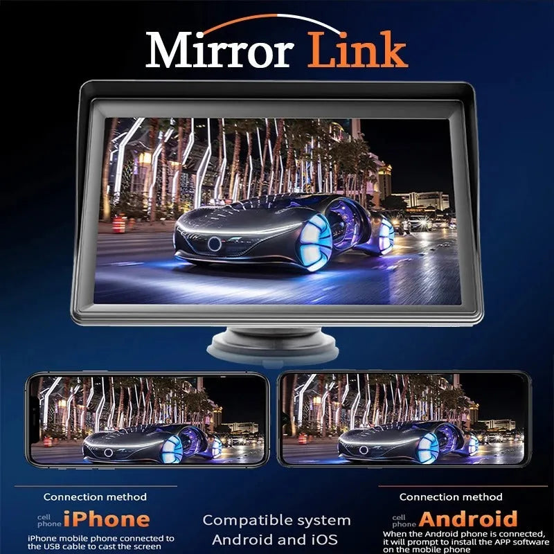 7-inch car multimedia display screen with wireless CarPlay and Bluetooth 5.0 connectivity for vehicle installation