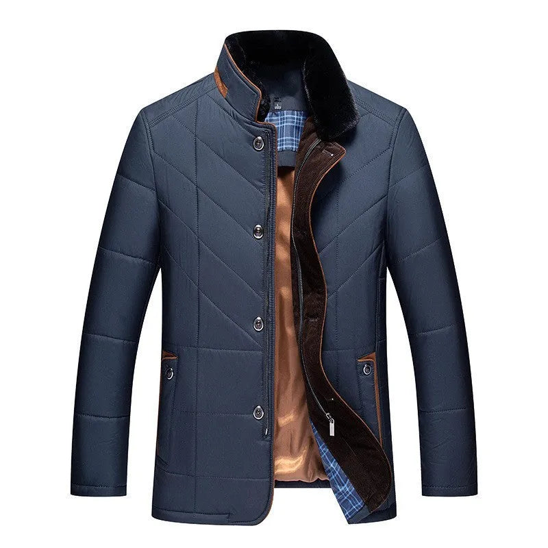 Men's solid colour winter coat with side pockets in dark blue, shown on a hanger.