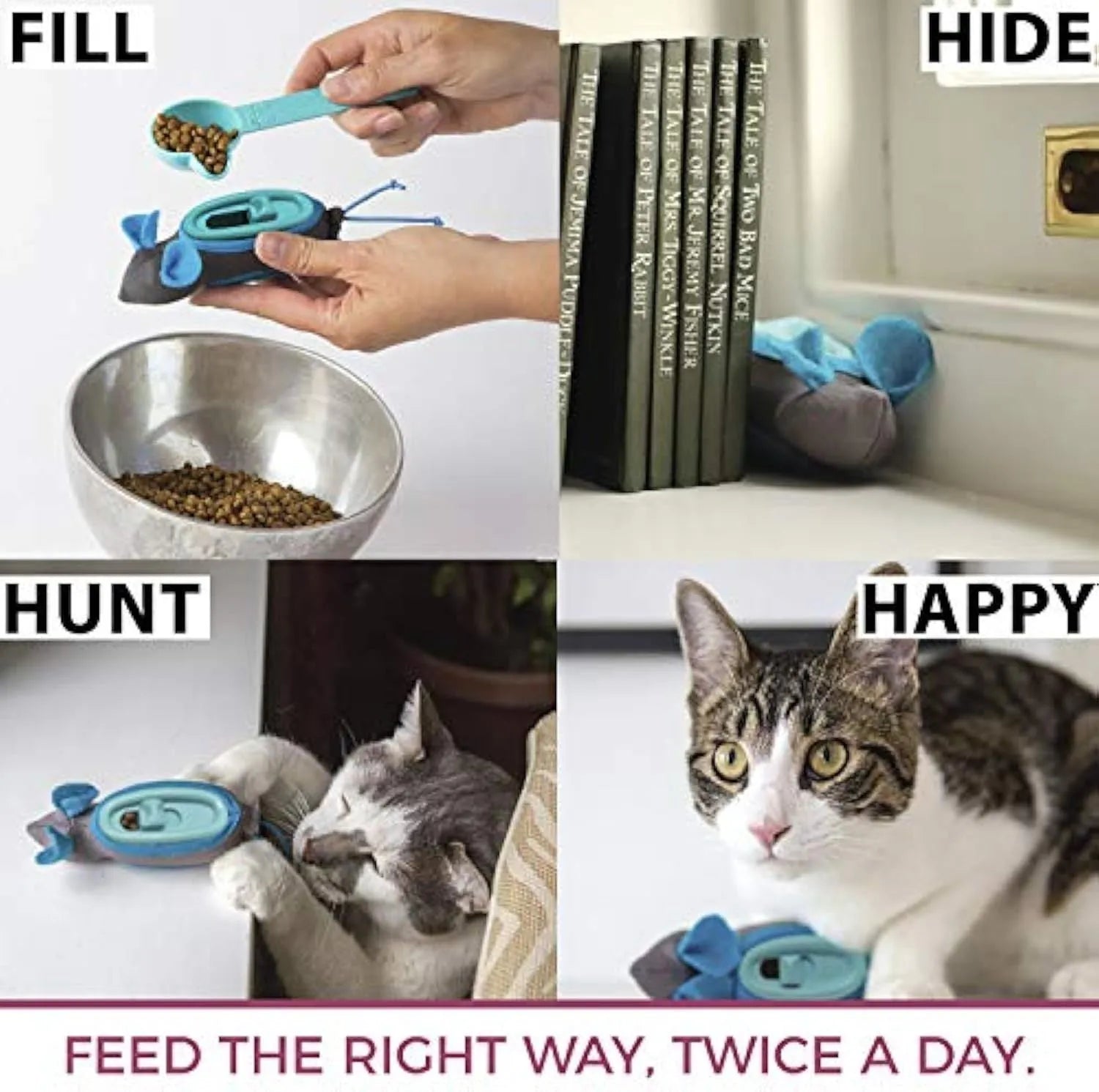 Blue Nteractive Indoor Treat Dispenser Mouse Toy with fabric outer skin and removable inner plastic feeder