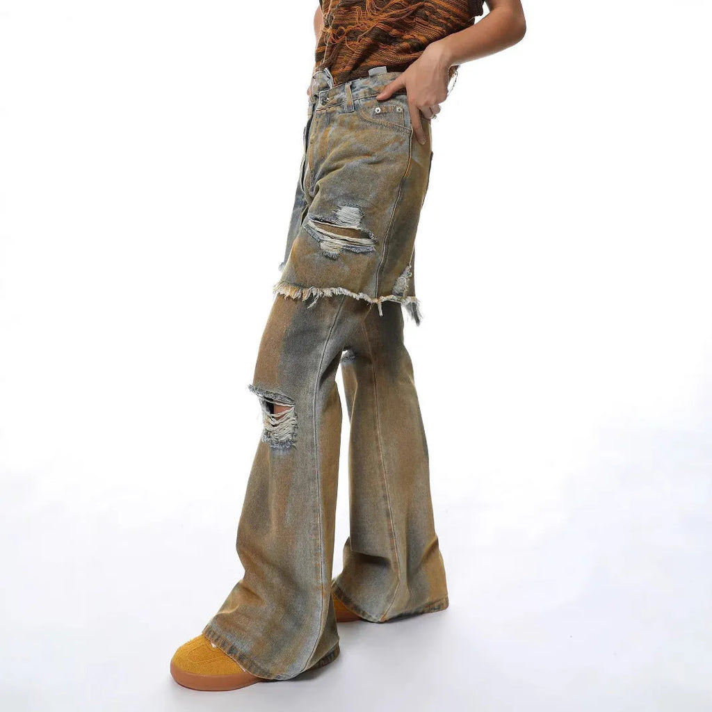 American Street loose hole bootcut pants in cotton denim with high waist design