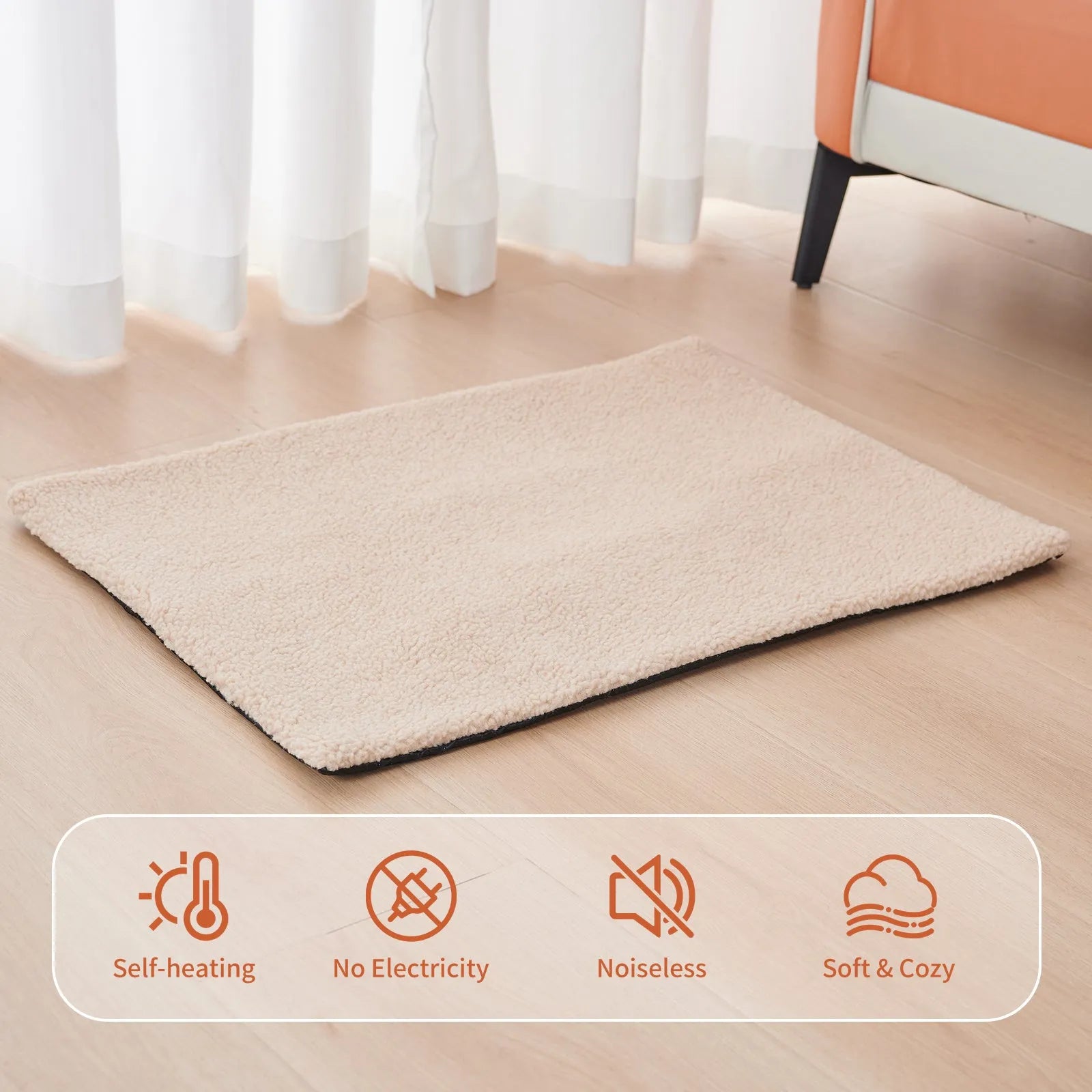 Grey self-heating plush pet bed blanket for cats on wooden floor
