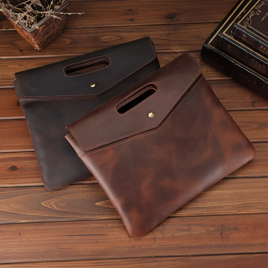 Genuine leather vintage business briefcase in brown envelope style with soft handle