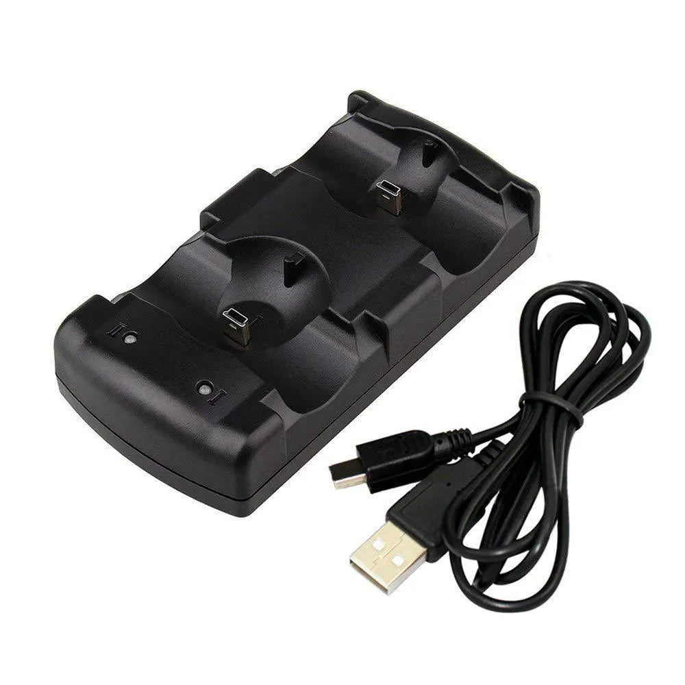 Black plastic PS3 two-in-one wireless charger base with USB connection for original PlayStation 3 controllers