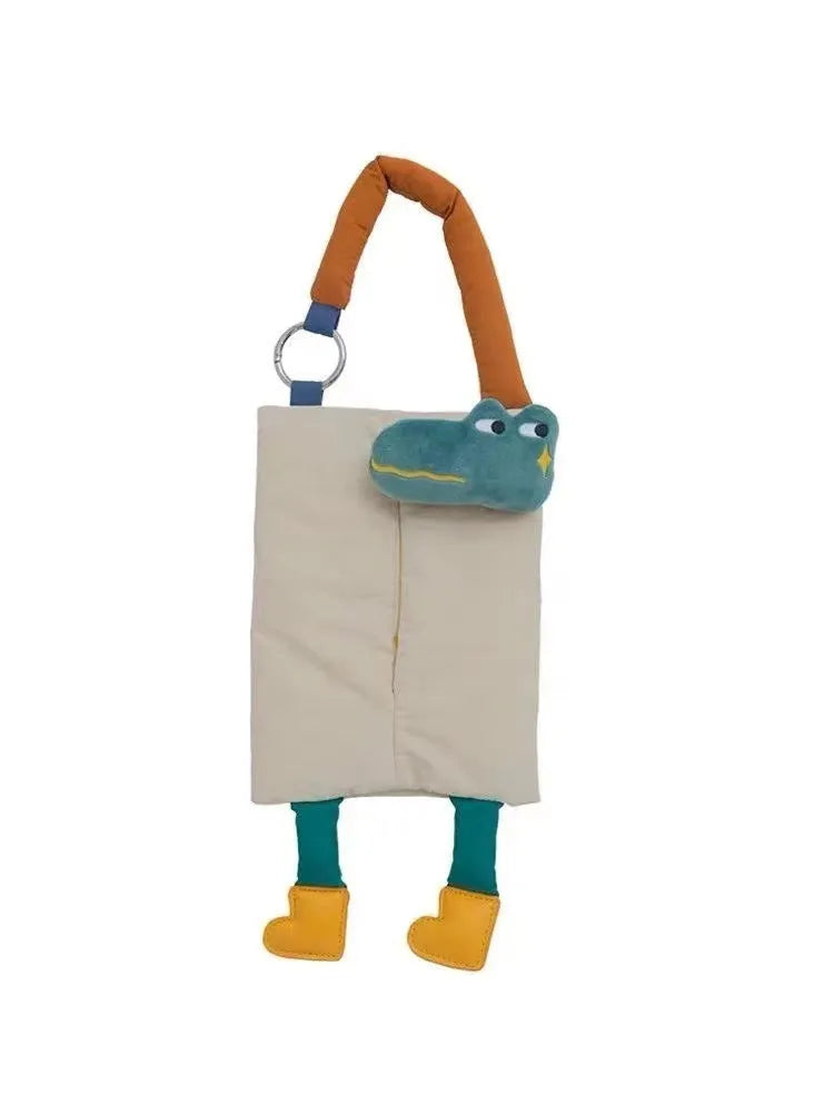 Hanging plush car tissue buggy bag in baby crocodile design showing 25x19cm dimensions