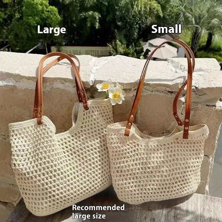 Beige woven cotton linen shoulder bag with large capacity beach design