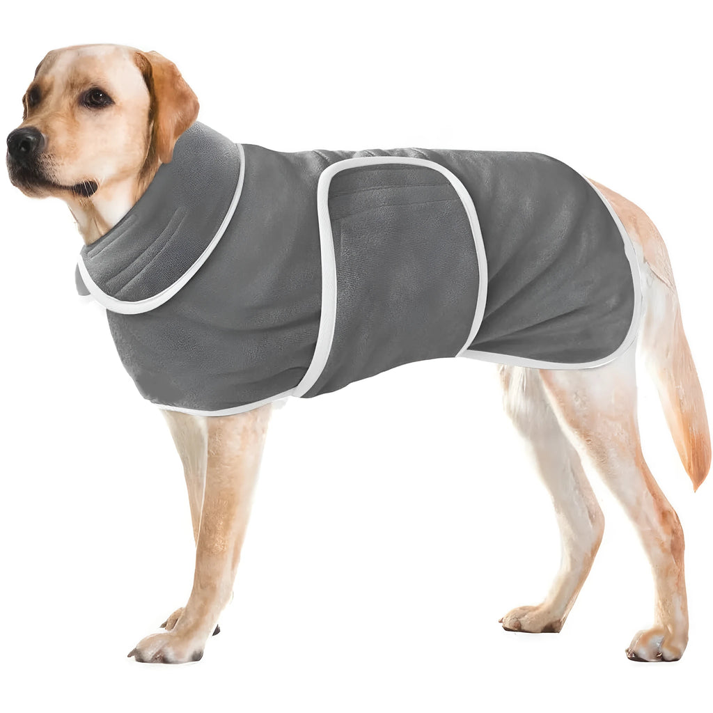 A colourful super absorbent dog bathrobe costume outfit laid flat, showing its one-piece design and print.