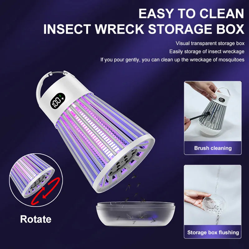 Digital display mosquito killer lamp with electric shock grid, white colour, on a tabletop with USB cable