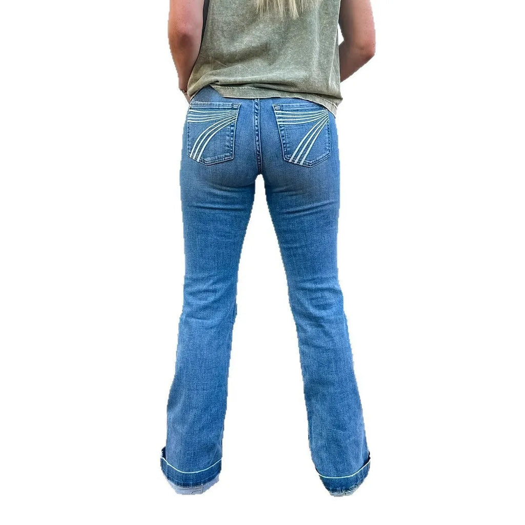 Blue slim fit jeans with embroidery detail on the leg and a slightly flared silhouette.