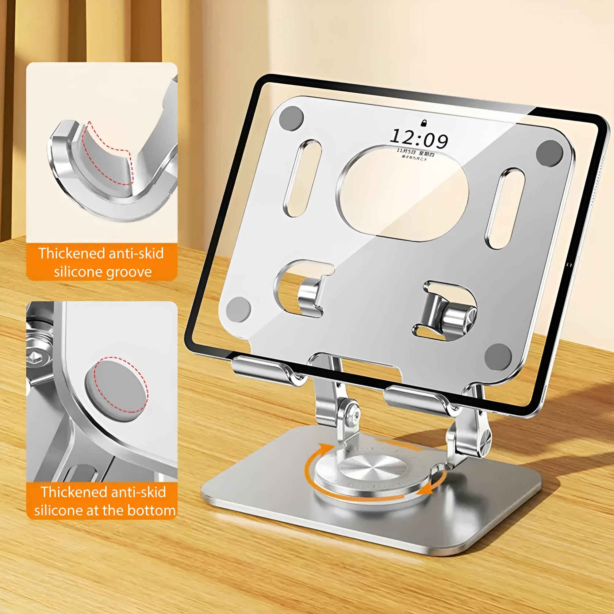 Rotating metal tablet stand with aluminium plate shown in silver colour at an adjusted height.