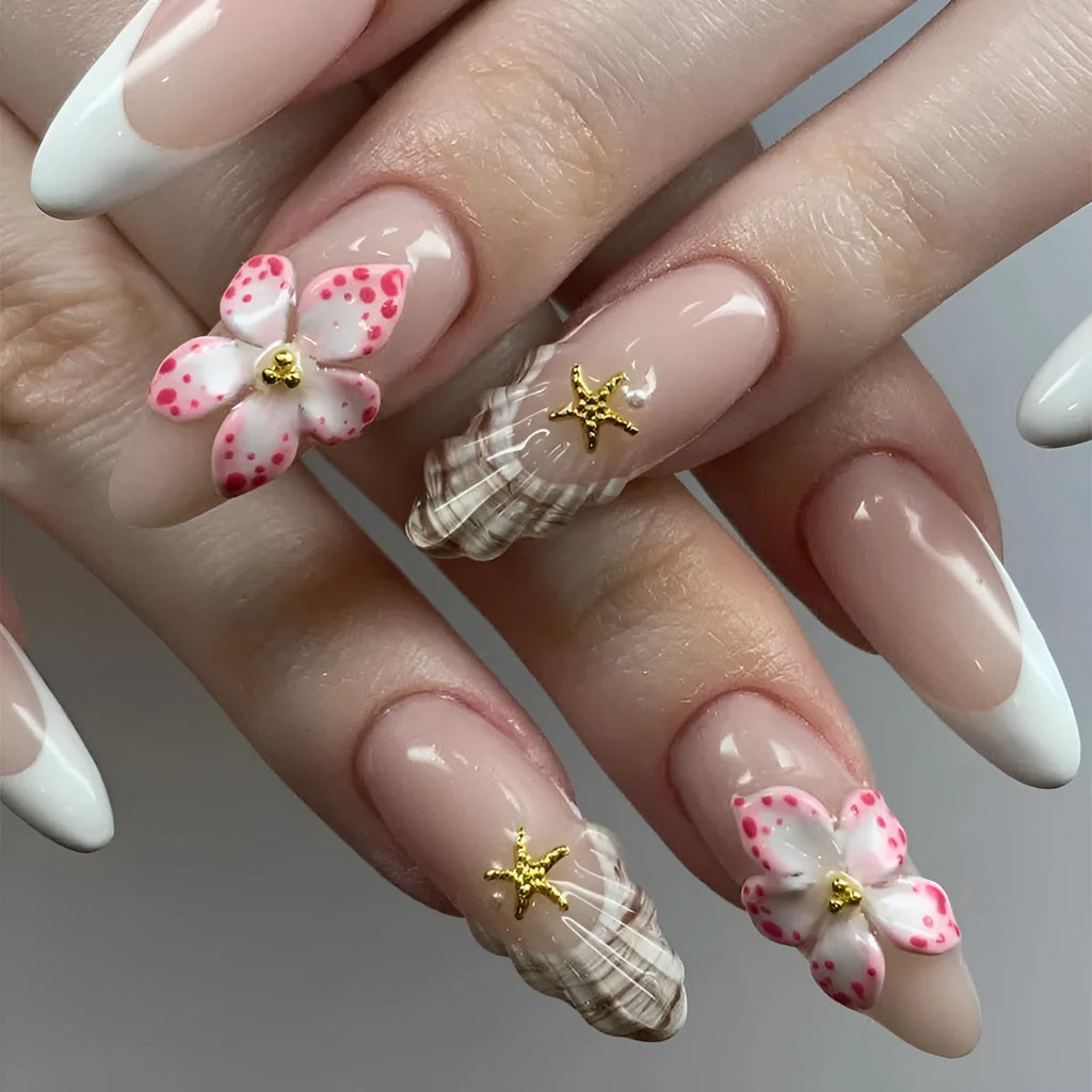 French style fake nails with removable rock pattern patch showing simple flower design W1764