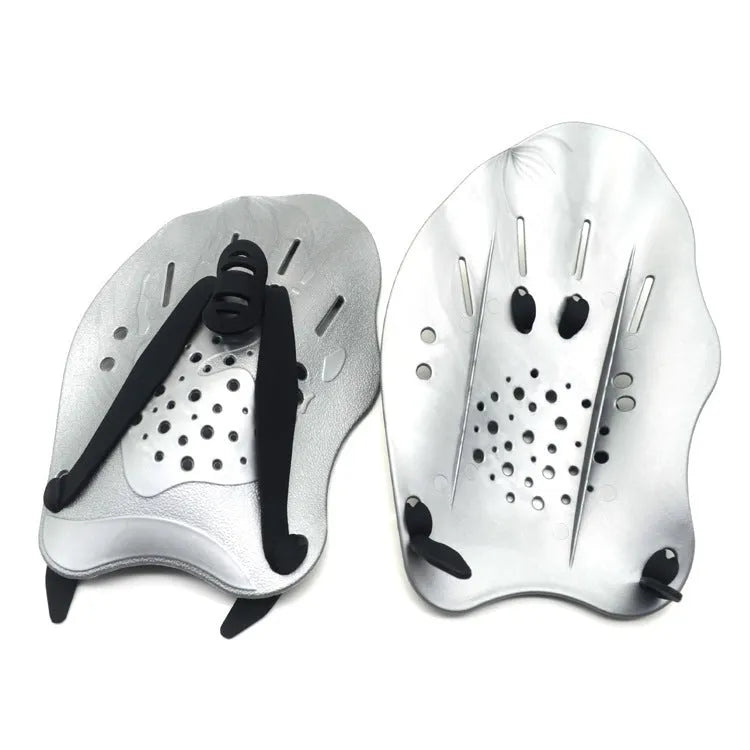 A pair of solid black swim training paddles with an overhand strap, shown on a blue background.