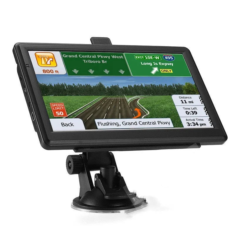 7-inch portable car GPS navigation device on a dashboard with mounting bracket and car charger.