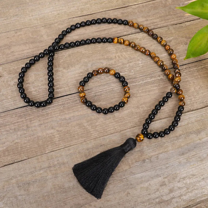 Vintage style tiger eye stone necklace with tassel pendant on ball bead chain