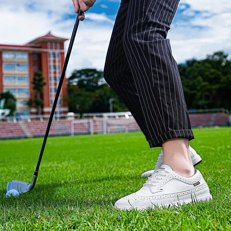 Men's genuine leather golf shoe with non-slip rubber outsole in Lake Blue or White.