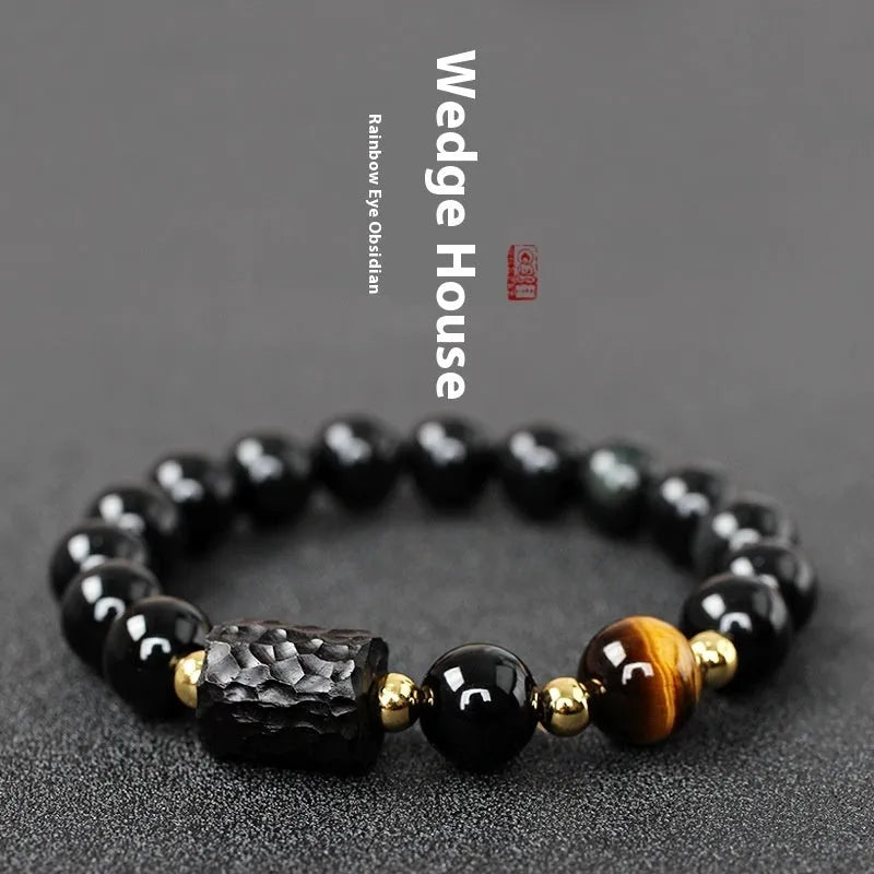 Handmade obsidian bracelet with 10mm yellow tiger eye beads in circular retro design