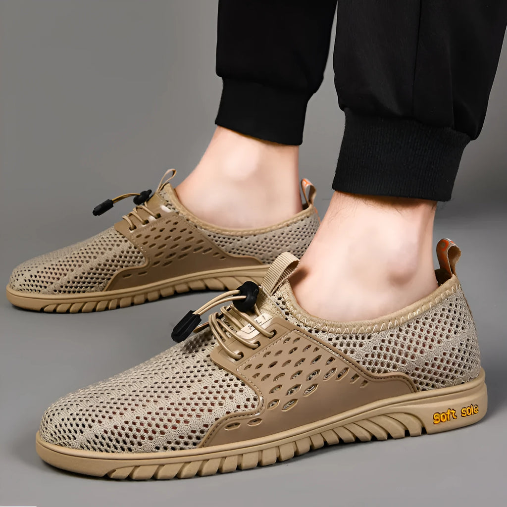 Men's black casual summer shoes with mesh uppers and elastic band closure