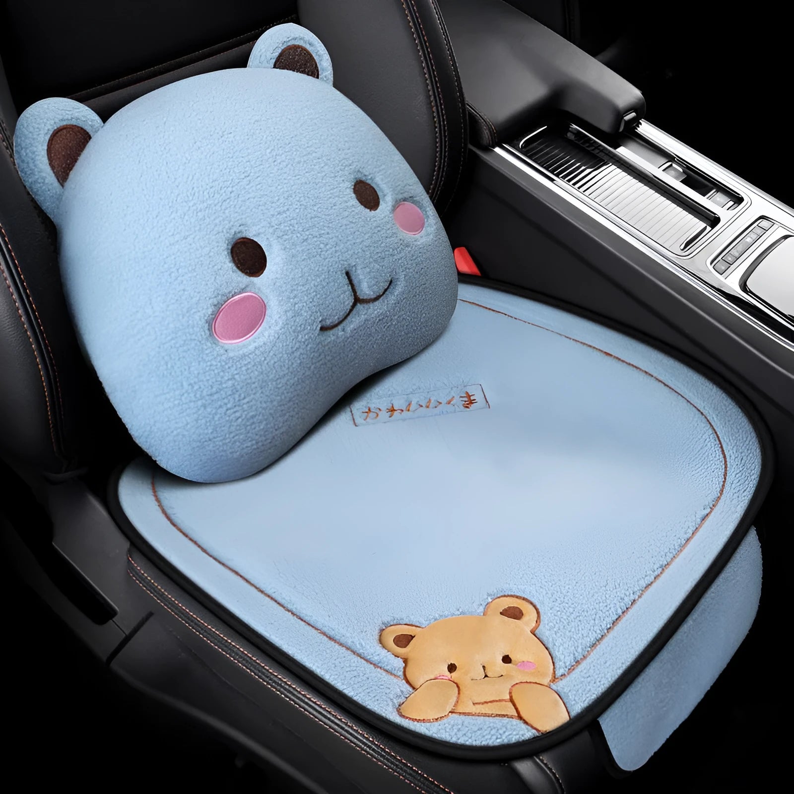 Trendy bear style car cushion three-piece set with square cushion and lumbar support in wool cotton winter filler