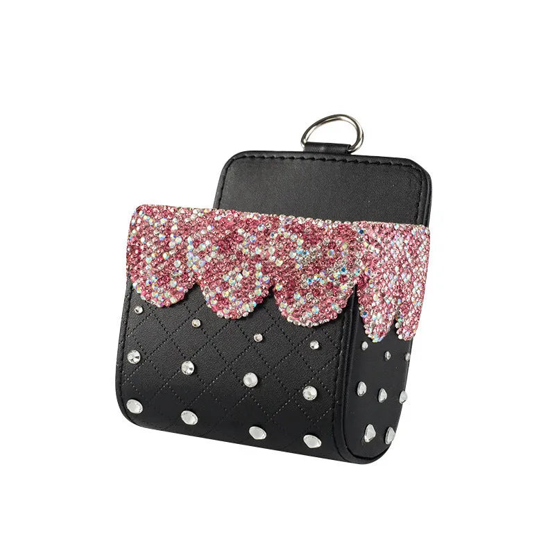 Diamond-studded leather car storage box with handmade Czech rhinestones in white colour