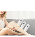 Home IPL laser hair removal instrument in gold or white with blue or black screen, 280g ABS body, AC power, CE certified.