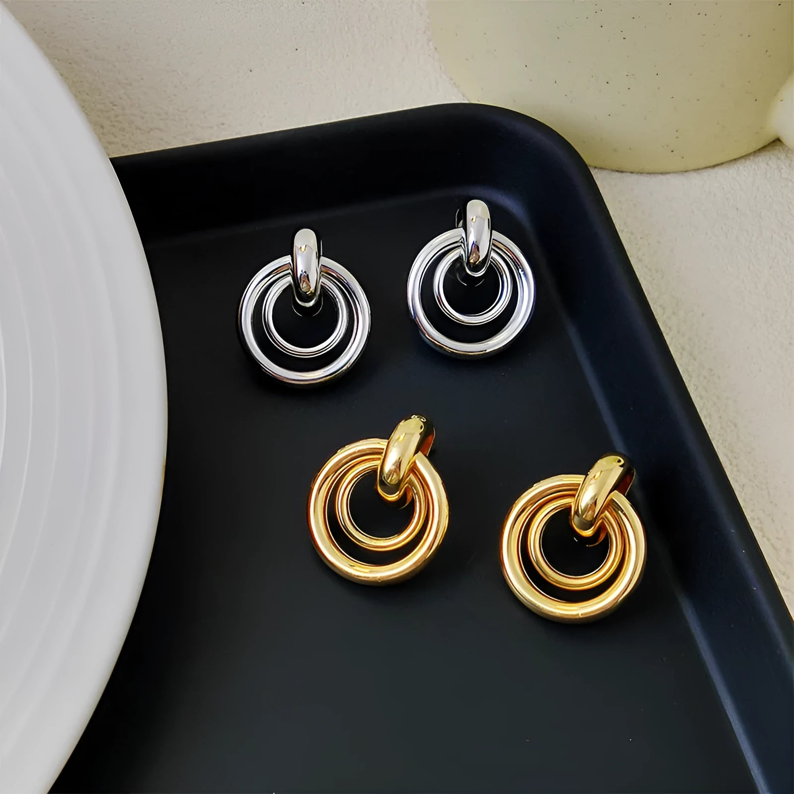 Geometric round ring earrings with irregular exotic design in gold or silver electroplated finish